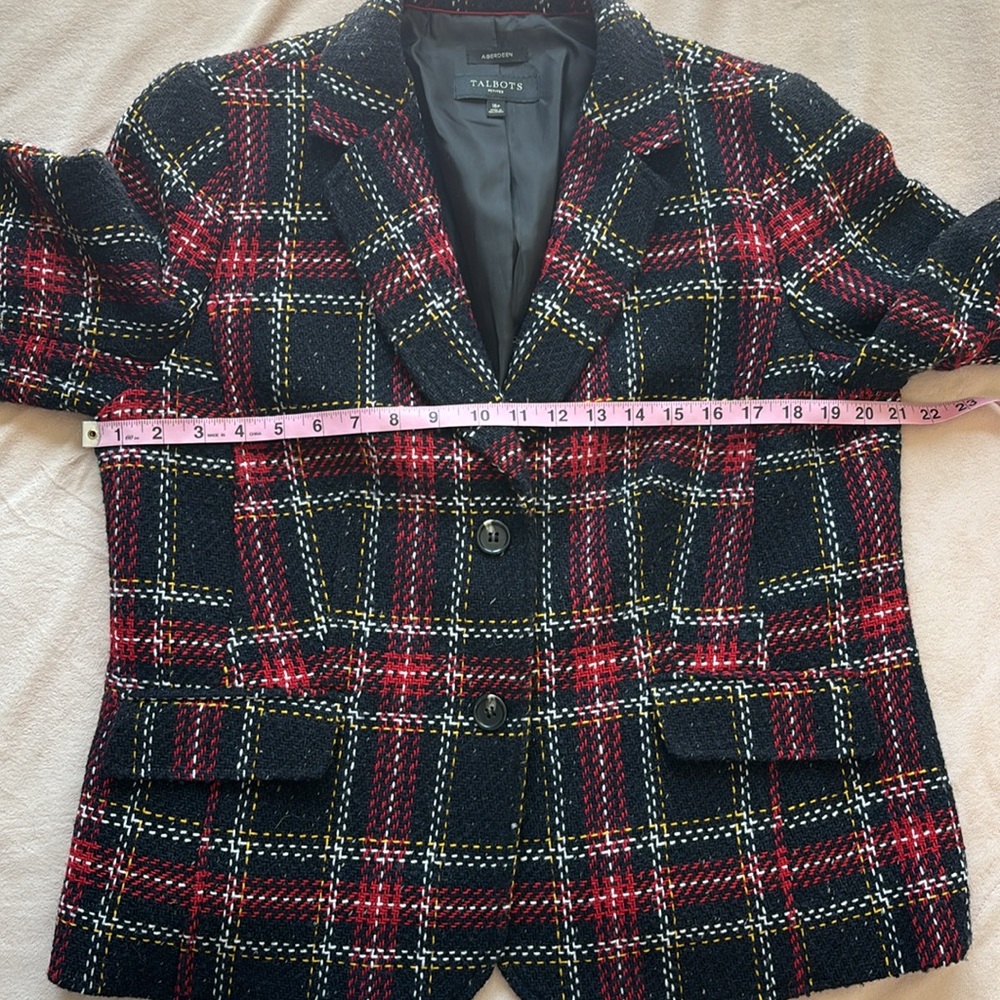 Talbots Aberdeen Tweed Wool Plaid Blazer Blazer Navy Red White Size 16P - Picture 4 of 9